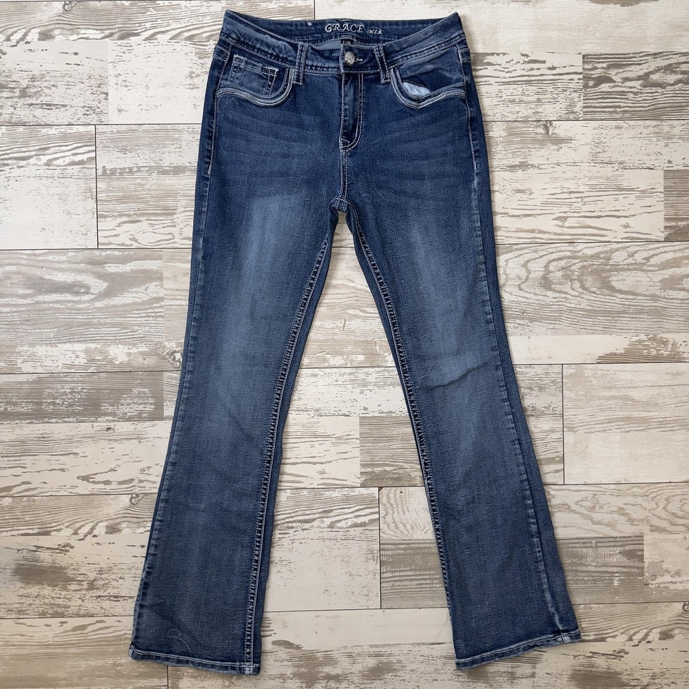Grace In LA Jeans Womens 7-28 Blue Bootcut Mid Rise Stretch Denim Sequin Pockets